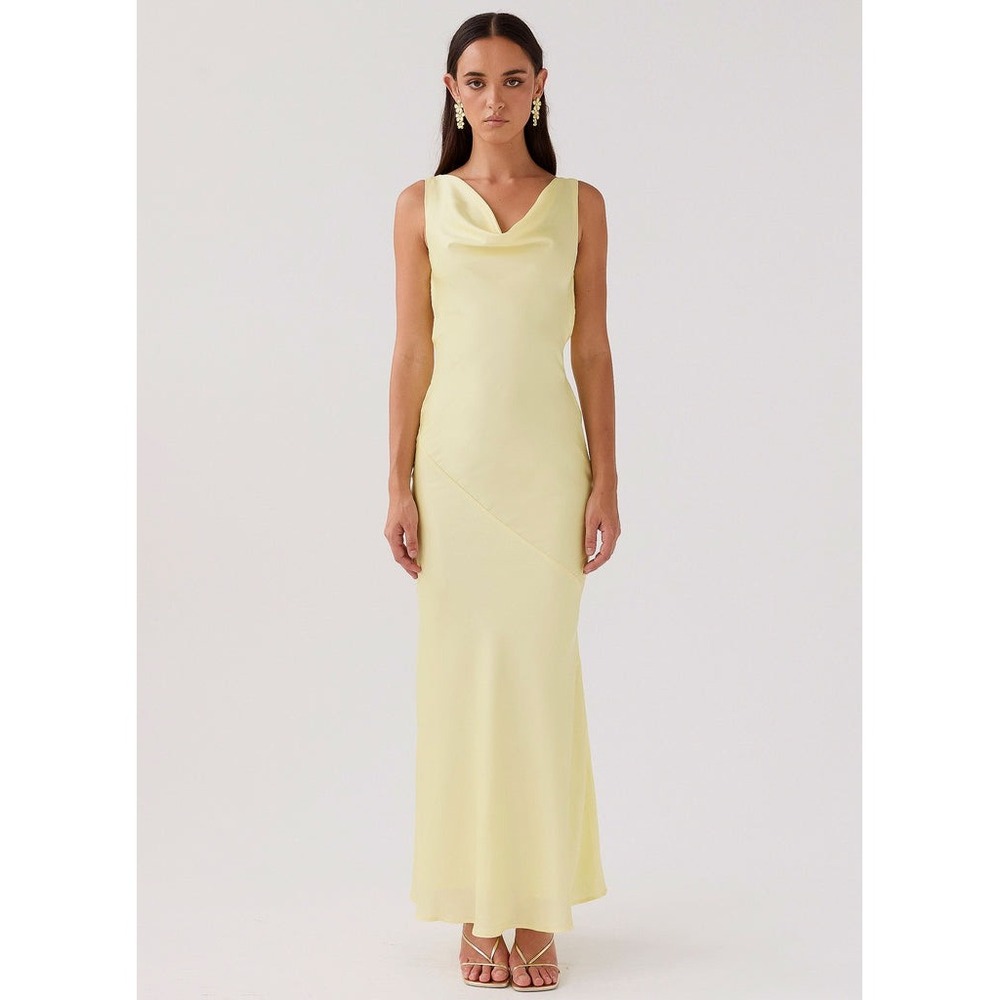 Peppermayo Be Mine Satin Maxi Dress‎ 2 Canary Yellow Bias Cowl Open Back Chic - Picture 3 of 16